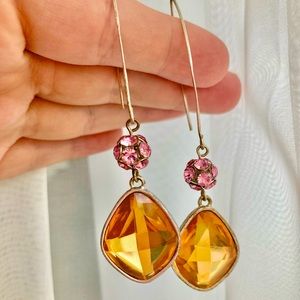 Sterling silver 3.5 inch fishhook earrings with citrine and pink crystals.